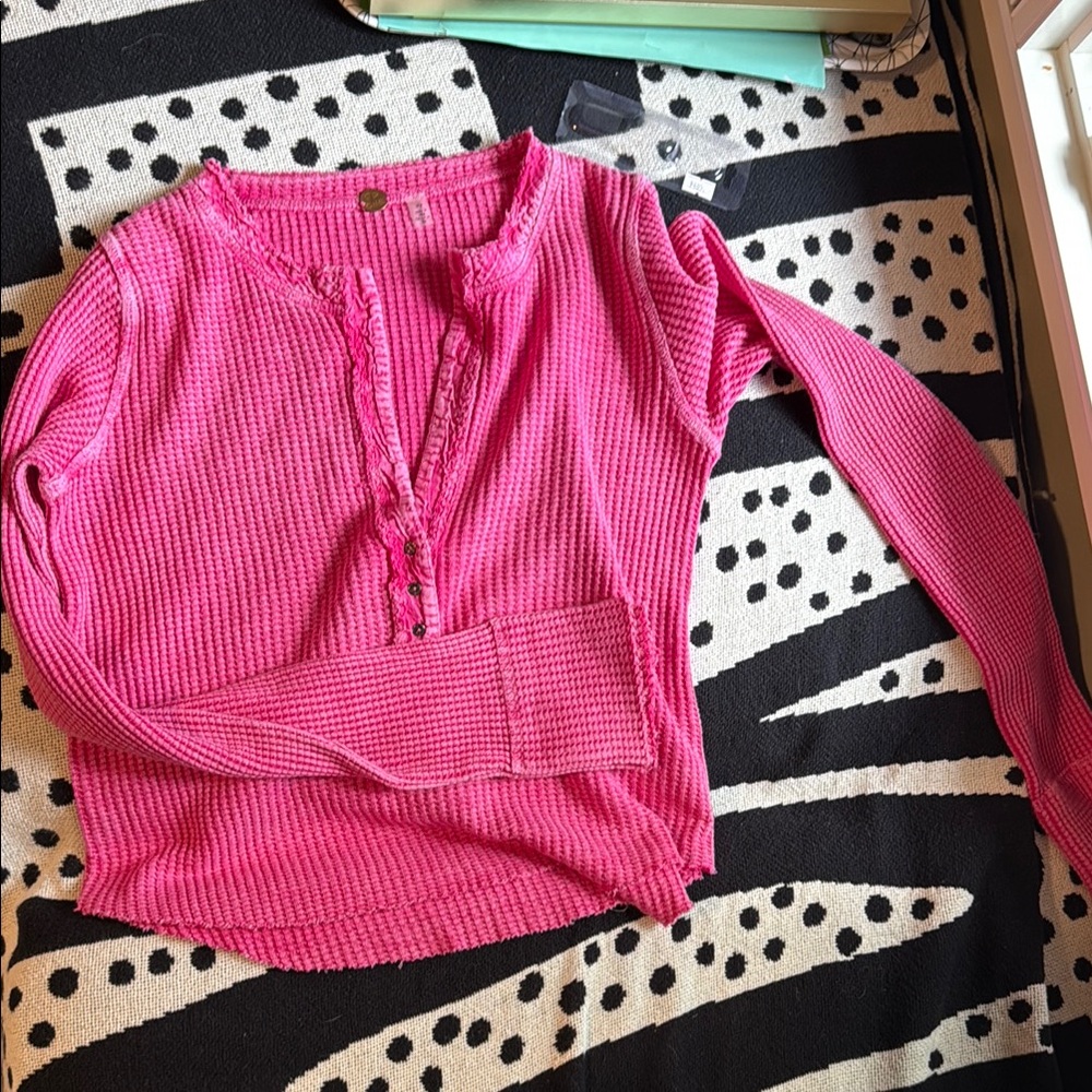 Pink Waffle Knit Long Sleeve Top